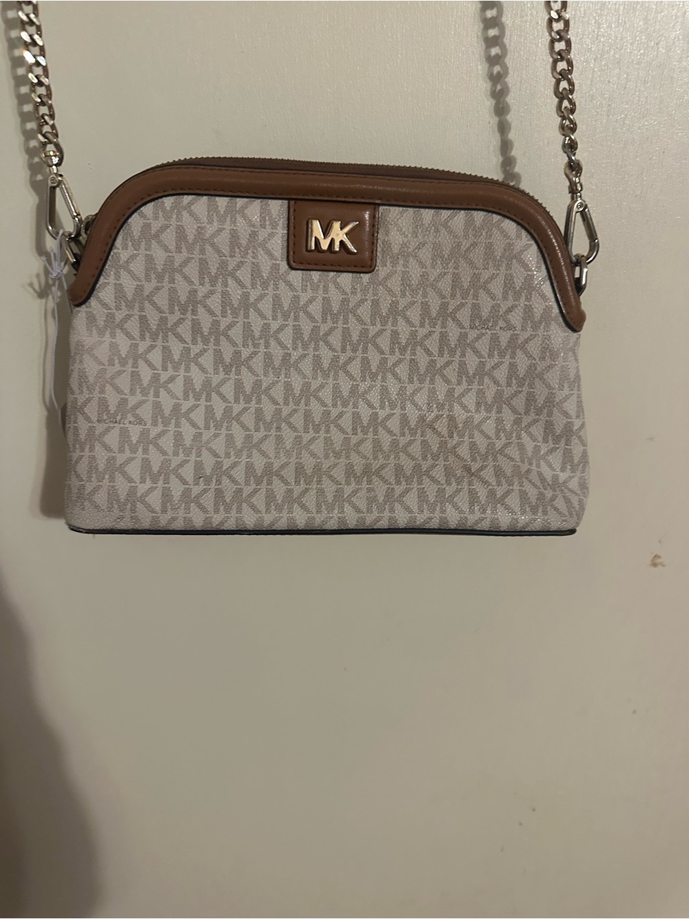 Michael Kors Beige & Brown Logo Crossbody with Gold Hardware